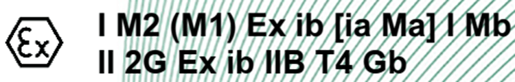 Ex Certification Marking: I M2 (M1) Ex ib [ia Ma] I Mb / II 2G Ex ib IIB T4 Gb